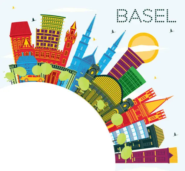 Vector illustration of Basel Switzerland City Skyline with Color Buildings, Blue Sky and Copy Space.