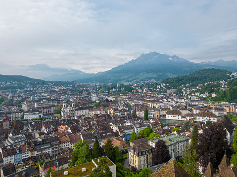 Aerial View Of Lucerne With Reuss River and Mountains In The Back