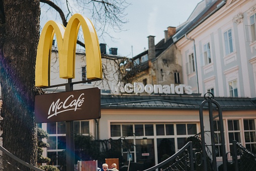 Klagenfurt, Austria – March 11, 2023: McCafe and Mcdonald's logo on building