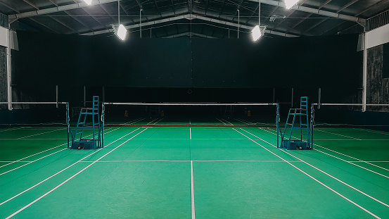 Badminton court without people at night