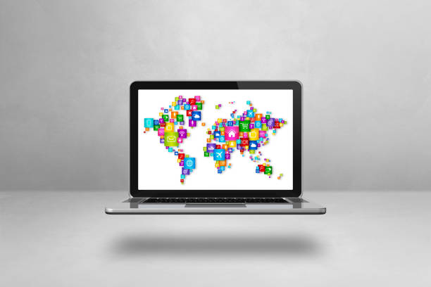 World Map made of icons in a laptop screen. Global communication concept isolated on white background. 3D illustration