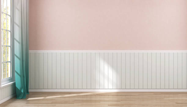 istock Empty room with cavern pink wall, pastel green wainscot, gradient turquoise curtain, white window, baseboard in sunlight, shadow on parquet floor 1492827183