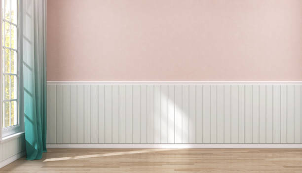 empty room with cavern pink wall, pastel green wainscot, gradient turquoise curtain, white window, baseboard in sunlight, shadow on parquet floor - indoors window courtyard elegance imagens e fotografias de stock