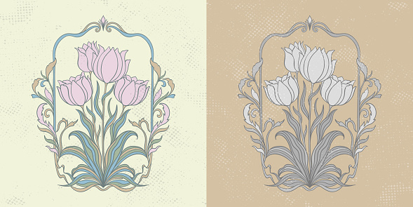 Frame with a tulip in the style of Art Nouveau. Beautiful vintage tulip floral composition 1920-1930 years.Vector design.