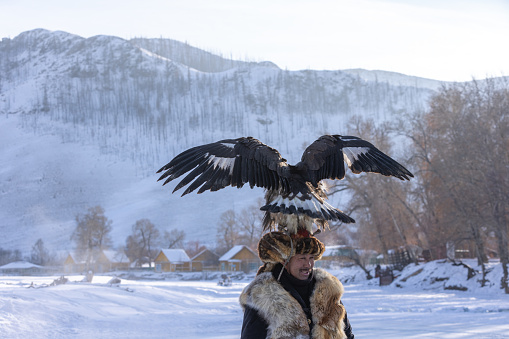 Kazakh people with eagle ,Mongolia 14 January 2023 :The relationship between Mongolia and the eagle is deeply rooted in Mongolian culture and tradition. The eagle, specifically the golden eagle, holds great significance and is considered a national symbol of Mongolia. This unique relationship can be observed in the practice of eagle hunting, also known as eagle falconry or berkutchi.