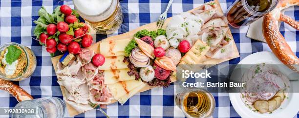 Snack Board In The Bavarian Beer Garden With Obartda Cheese And Ham Stock Photo - Download Image Now