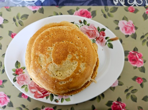 top view stack of  homemade pancake on a white plate. pancake for breakfast.