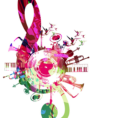Colorful musical poster with G-clef, LP vinyl record disc and musical instruments vector illustration. Playful background for live concert events, music festivals and shows, party flyer