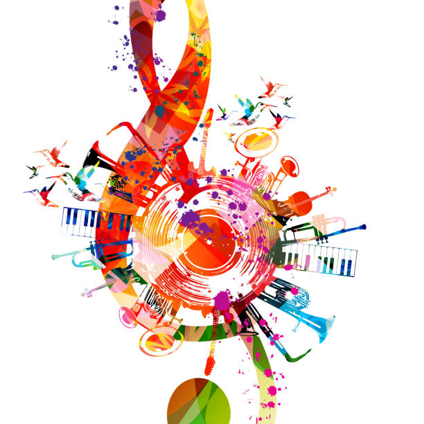 istock Colorful musical poster with G-clef, LP vinyl record disc and musical instruments vector illustration 1492832431