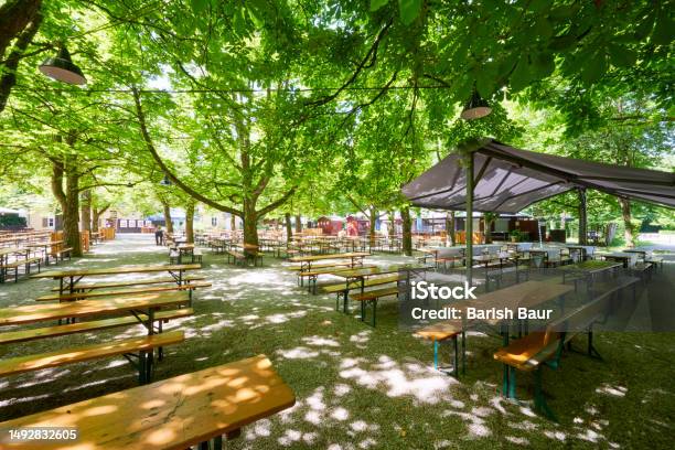 Beer Garden In Munich With Beautiful Chestnut Trees Stock Photo - Download Image Now