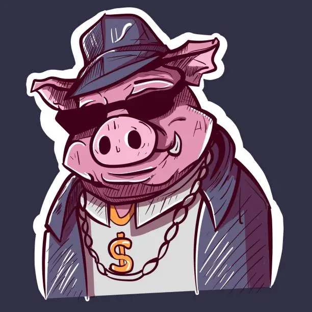 Vector illustration of Digital art of a big boss pig in a denim detective uniform and a gold chain. Farm animal in a policeman costume and sunglasses.