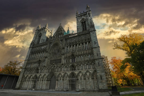 Trondheim Nidaros Cathedral facade in sunny summer light, blue sky, Norway