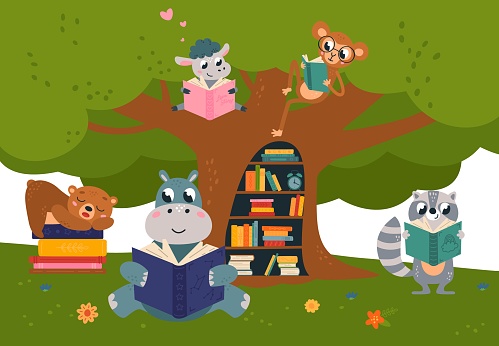 Animal reading in forest childish poster. Books day, outdoor library for smart animals. Book reader, cute woodland life and back to school classy vector scene with animals with childish illustration
