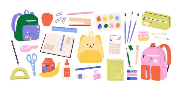 Back to school collection, accessories and stationery. Isolated children education tools, book and backpacks. Kindergarten study racy vector clipart Back to school collection, accessories and stationery. Isolated children education tools, book and backpacks. Kindergarten study racy vector clipart of education school stationery illustration clipart of school supplies stock illustrations