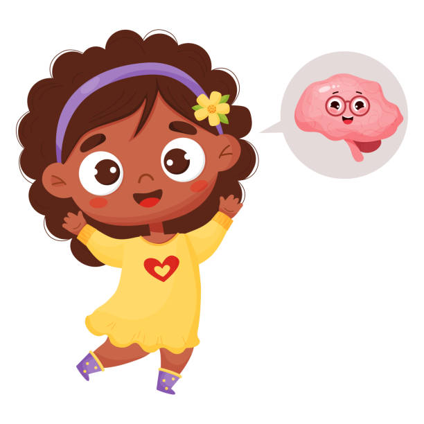 ilustrações de stock, clip art, desenhos animados e ícones de cute happy black ethnic girl and brain internal organ. funny characters in cartoon style. vector illustration for kids collection, decor, medical anatomical theme design. - brain human head people human internal organ