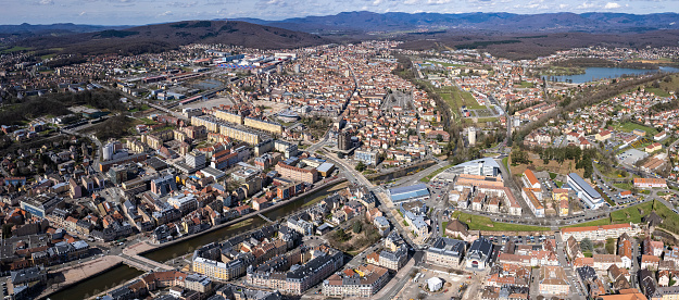 Aerial view around the old town of the city Belfort in France on a sunny day in spring.