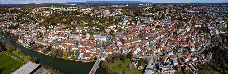 Aerial view of the old town of the city Montbéliard in France on a sunny day in early spring.
