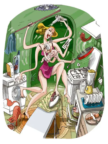 Vector illustration of woman who does many housework at home at the same time