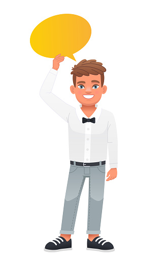 A boy in a white shirt with a bow tie holds a yellow empty oval speech bubble in his hand. The concept of children's opinion. Boyish questions. Vector illustration on a white background.