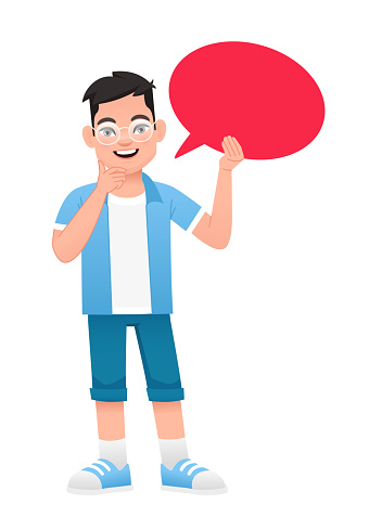 A smart boy with glasses holds a red empty oval speech bubble in his hand. The concept of children's opinion. Boyish questions. Vector illustration on a white background.