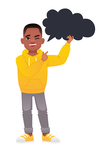 A black African boy holds a black empty cloudy speech bubble in one hand and points at it with the other hand. The concept of children's opinion. Boyish questions. Vector illustration on a white background.