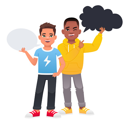 White and black boys each hold an empty oval speech bubble in their hands. The concept of children's opinion. Boyish questions. Vector illustration on a white background.