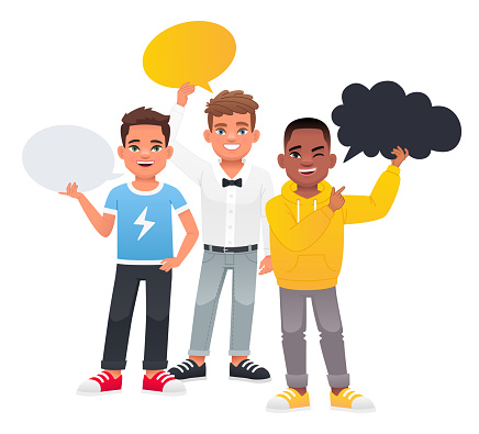 A group of three little boys hold empty speech bubbles in their hands. The concept of children's opinion. Boyish questions. Vector illustration on a white background.