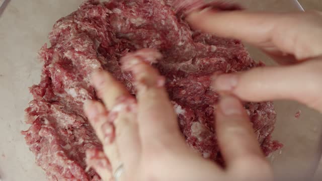 Closeup of female hand preparing hamburger patties from minced meat in bowl. Cooking at home, kitchen appliance, healthy nutrition, hamburger ingredients