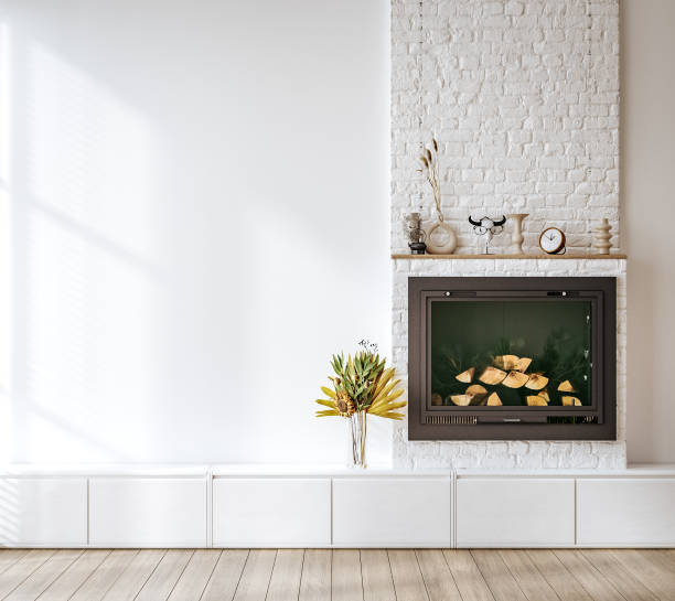 istock Modern home interior with fireplace, Scandinavian style 1492844639