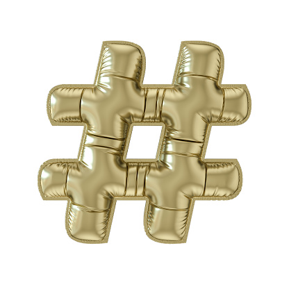 Hashtag sign balloon  foil gold colored on white background, 3d render.