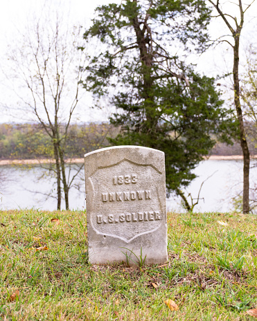 Headstone of unknown soldier, Shiloh National Cemetery, Tennessee. Overlooking Tennessee River