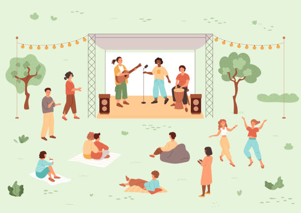Band playing on stage in summer park. People relax on plaids, listen to music, girls dance. Rock festival, outdoor leisure weekend. Vector illustration. Trees and light bulbs. bean bag illustrations stock illustrations