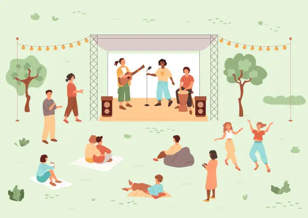 Vector illustration of Band playing on stage in summer park. People relax on plaids, listen to music, girls dance.