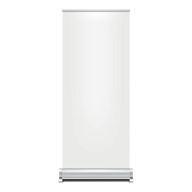 ilustrații de stoc cu blank verticale roll-up banner stand vector mockup. pull-up role portabile de semnalizare mock-up. șablon de afișare a publicității pop-up alb - rulare
