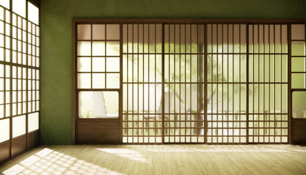 istock Green hallway Clean japanese minimalist room interior. 1492851337