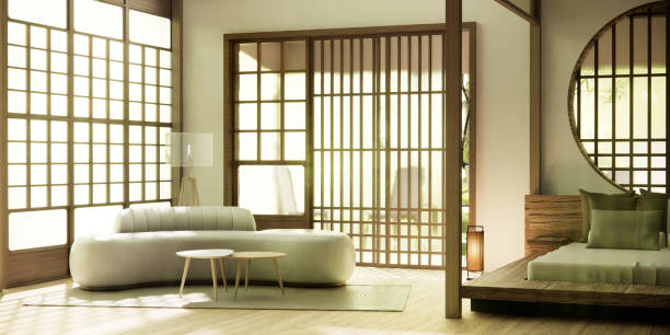 istock Minimalist japandi style living room decorated with sofa. 1492851745