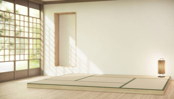 畳の床にドアペーパーと壁を持つ日本室のデザインインテリアは和風。