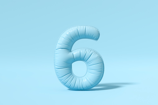 Number 6 balloon on blue background, 3d render.