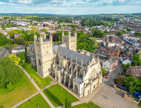 Exeter, UK. 21 May 2023.  Aerial view of Exeter Cathedral in Devon