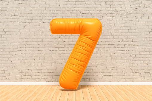 Number 7 balloon in room, brick wall background, 3d render.