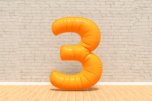 Number 3 balloon in room, brick wall background, 3d render.