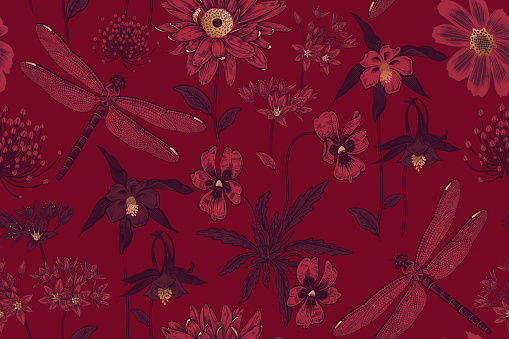 Cute wildflowers and dragonflies seamless pattern. Flowers and insects. Vector art illustration. Burgundy background and gold foil print. Floral pattern for textiles, paper, wallpapers. Vintage.