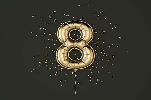 Number 8 balloon foil gold colored on black background, 3d render.