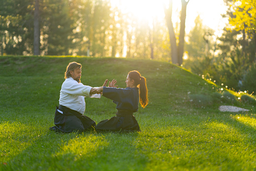 Male and female aikido sensei in hakama practicing hand technique while sitting outdoors in the park