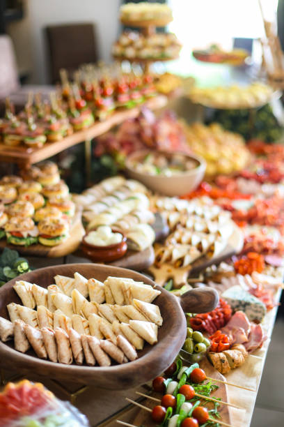 Buffet table full of delicious food.