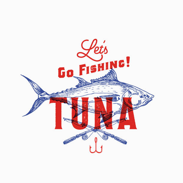 Fishing Tuna. Abstract Vector Sign, Symbol or Emblem Template. Hand Drawn Tuna Fish and Fishing Rods with Retro Typography. Vintage Emblem with Retro Print Effect. Fishing Tuna. Abstract Vector Sign, Symbol or Emblem Template. Hand Drawn Tuna Fish and Fishing Rods with Retro Typography. Vintage Emblem with Retro Print Effect. Isolated. commercial tuna fishing stock illustrations