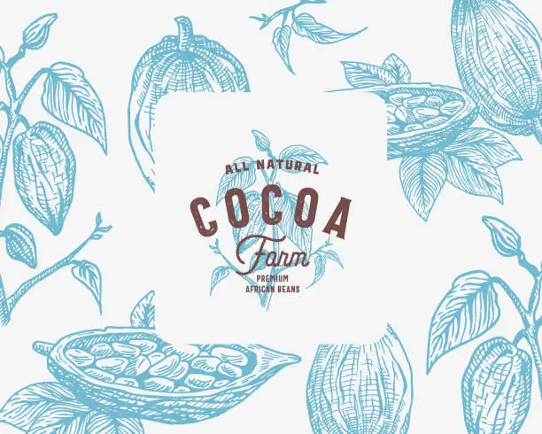 Vector illustration of Hand Drawn Cocoa Beans Branch Vector Background. Abstract Cacao Sketch Card or Cover Template with Classy Retro Typography.
