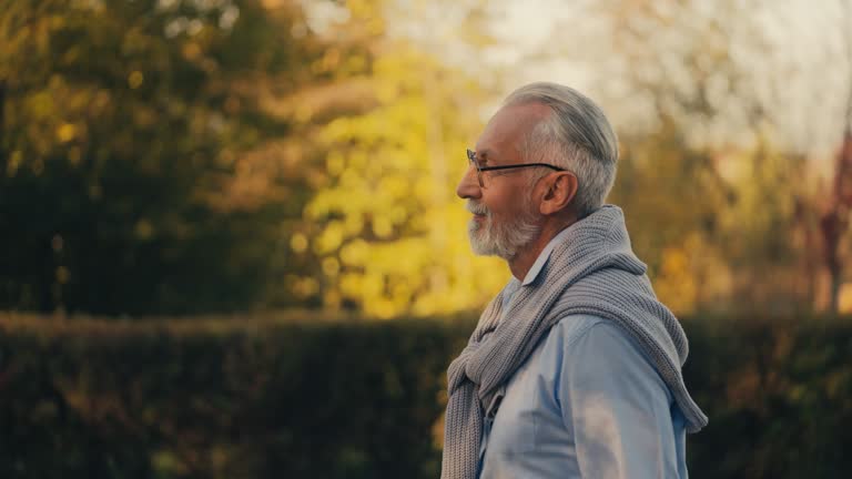 Relaxed senior man in glasses walking in city park, enjoying nature and rest