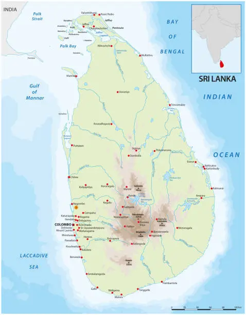 Vector illustration of Vector color map of Sri Lanka country with important cities