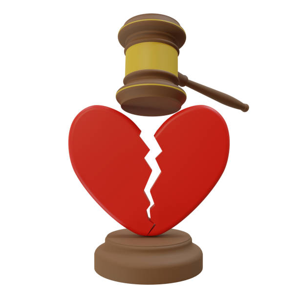 3d render illustration of broken or cracked red heart icon and judge's gavel. divorce judgment concept stock photo
